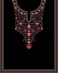 Colorful floral pattern design for the neckline with delicate folk flowers and vines on a black background. Use for Indian embroidery kurta, kaftan dress, and dashiki shirt. Surface pattern design.