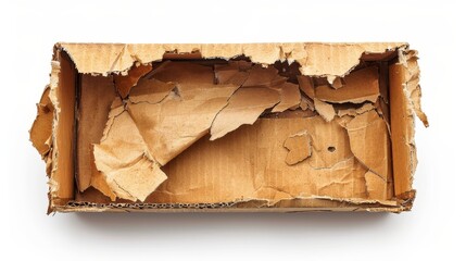 Cardboard box destroyed in shipping, showing crushed corners, ripped sides, and a visible hole, isolated background, studio lighting