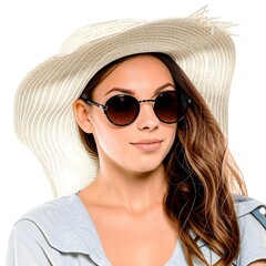 Naklejka premium a beautiful girl in sunglasses and a summer hat, friendly, isolated on a white background