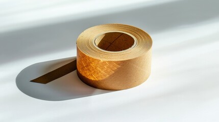 Brown paper tape roll with a shadow, isolated on a white background, emphasizing texture and adhesive quality with studio lighting