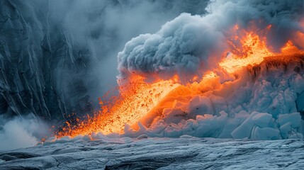 A fiery bullet emerging from a glacier, leaving a trail of melted ice and steam, vivid colors of heat and cold