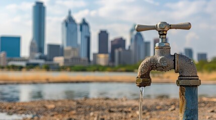 Fototapeta premium A dry water tap in the foreground with a blurred city skyline in the background, illustrating urban water scarcity due to climate change