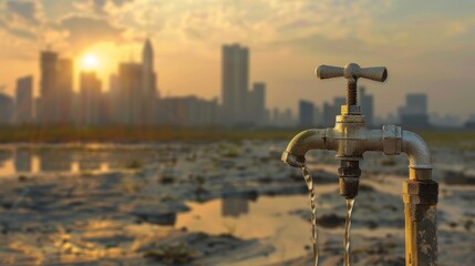 Obraz premium A dry water tap in the foreground with a blurred city skyline in the background, illustrating urban water scarcity due to climate change