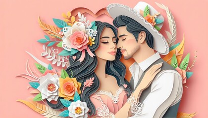 Obraz premium Couple in love surrounded by colorful paper cutout clouds, flowers, and leaves in a whimsical scene