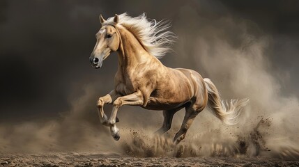 Obraz na płótnie Canvas Galloping palomino horse kicking up dust in motion. Dynamic studio action shot. Strength and speed concept. Design for poster, wallpaper, banner.