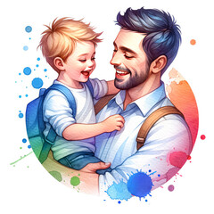 Father holding a school kid in a happy mood Father's Day clipart transparent PNG sublimation