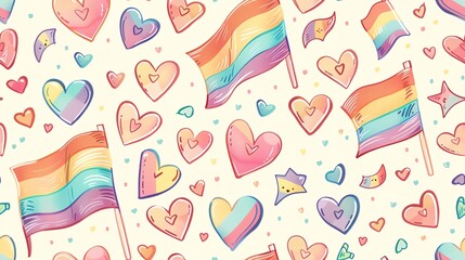 Seamless pattern of hand-drawn pastel-colored rainbow flags and hearts, celebrating LGBTQ pride in a soft and charming style