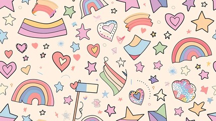 Soft pastel-colored seamless pattern with hand-drawn LGBTQ pride flags, stars, and hearts, highlighting love and inclusivity in a gentle and artistic style