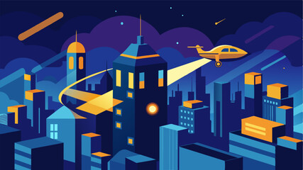 From above the city at night looked like a sea of ling lights and the autonomous air taxi was a graceful bird gliding over it.. Vector illustration