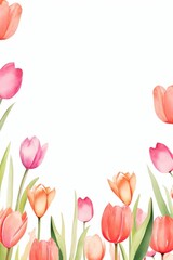 tulip themed frame or border for photos and text. in different shades of pink, red, and orange. watercolor illustration, Perfect for nursery art, simple clipart, single object, white color background.