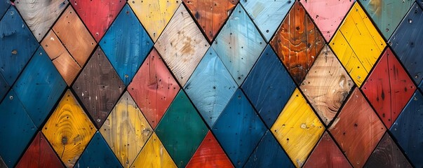 Colorful wooden background with colorful diamondshaped wood panels in the style of various artists