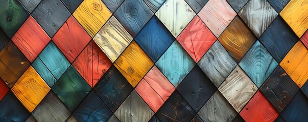 Colorful wooden diamonds with a wood grain texture background An abstract background of a colorful geometric pattern made from different colored wooden planks in the style of a wal