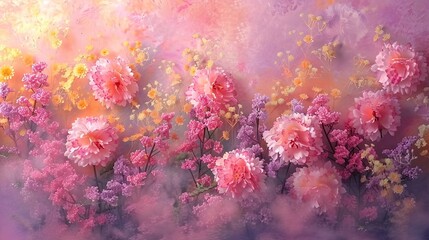 A dreamy floral scene featuring vibrant pink and yellow blooms against a soft, pastel background, creating a whimsical and enchanting atmosphere. Floral background. Floral backdrop for photoshoot.
