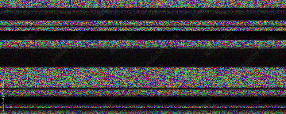 Poster tv static noise background. glitched white noise texture. colored vhs video signal with black stripe