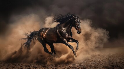 Galloping black horse kicking up dust in motion. Dynamic studio action shot. Strength and speed concept. Design for poster, wallpaper, banner.