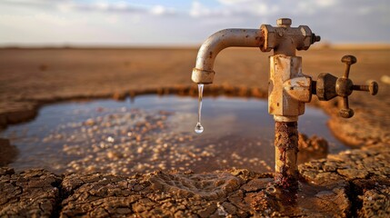A close-up of a rusty water tap with a single drop of water, surrounded by barren land and empty water containers, highlighting the struggle for clean water
