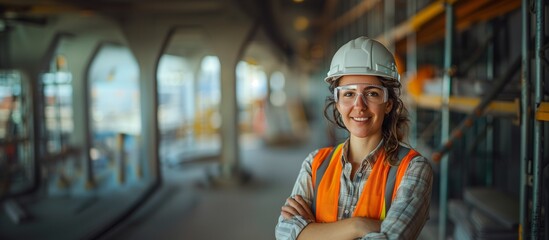 Caucasian Safety and Occupational Health Specialist Woman Smiling Confidently, Civil Construction Environment, Risk Mitigation Concept, PPE, Copy Space.