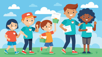 Fototapeta premium A group of children eagerly collecting pledges from neighbors for the charity run determined to make a difference.. Vector illustration