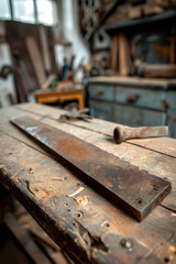 Close-Up of Well-Worn Handsaw on Wooden Workbench with Tools in Background