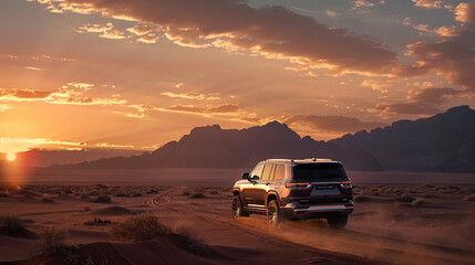Suvs in the desert at sunset