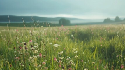 Beautiful natural panoramic countryside landscape. Blooming wild high grass in nature after rain in the morning.