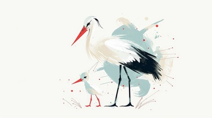 Minimalistic and elegant stork with baby, light and bright illustration on white background