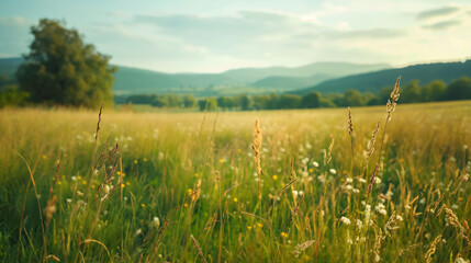 Fototapeta premium Beautiful natural panoramic countryside landscape. Blooming wild high grass in nature after rain in the morning.