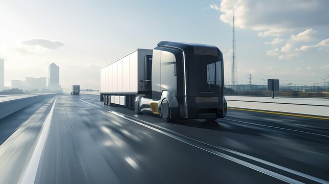 A dynamic and dramatic composition featuring a self-driving delivery truck navigating a highway