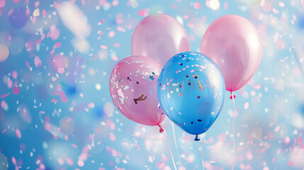 Festive Party Atmosphere: Vibrant Pink and Blue Balloons with Confetti