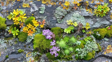 Close up photo of moss and lichen species on a rugged surface with green yellow and purple colors