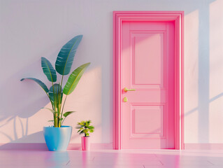 Pastel pink modern front door mockup minimalist home interior entrance white wall tropical plants contemporary cheerful aesthetic sunny window light shadows creative young fun mat POD