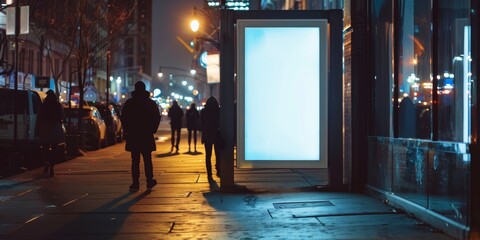 City Street at Night With Blank White Vertical Billboard Display