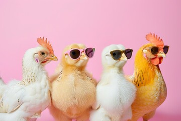 Creative animal concept. Group of chick chicken hen friends in sunglass shade glasses isolated on solid pastel background, commercial, editorial advertisement, copy text space