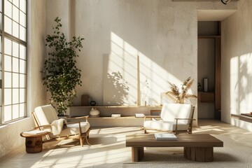 Sunlit Japandi Style Living Room With Modern Interior Design Elements