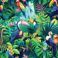 Jungle with tropical, fantasy animals at Amazon forest, palm trees, parrots, wallpaper pattern for seamless