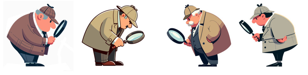 A vector illustration set of cartoon Detectives, searching for clues, isolated on a white background