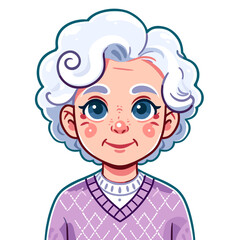 Elderly Woman with White Hair Smiling in a Purple Sweater Cartoon Illustration