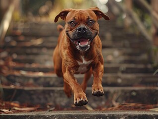 Fototapeta premium A happy brown dog is running up a flight of stairs