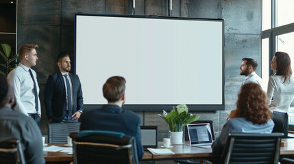 Boardroom presentation with a large blank portrait TV screen, team assembled around.