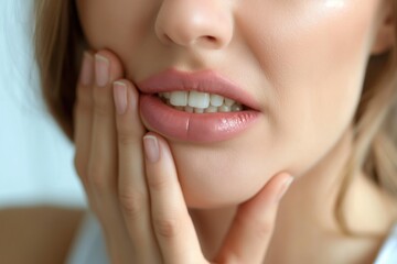 Obraz premium Young woman suffering from toothache on grey background. Dental problem