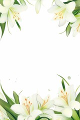 lily themed frame or border for photos and text. with elegant white petals and green stems. watercolor illustration, Perfect for nursery art, simple clipart, single object, white color background. 