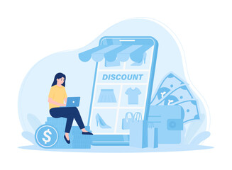 A woman sits on coins and shops online concept flat illustration