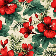 A seamless pattern featuring vibrant red flowers and lush green leaves against a textured vintage background