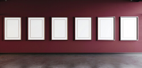 Contemporary art space with a series of empty frames against a dramatic maroon wall.