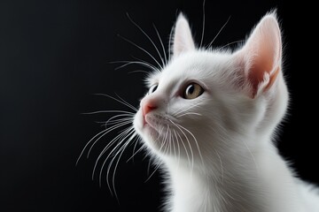 White kitten on a black background in the studio