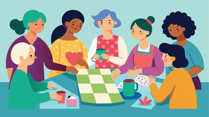 In a small suburban community a group of moms gathered for a quilting party sharing tips and techniques as they made a heartfelt quilt for a mother in need.. Vector illustration