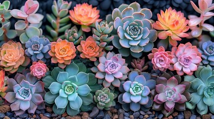 A vibrant collection of diverse succulents in various colors and shapes, beautifully arranged to create a stunning garden display. Background, backdrop for photoshoot.