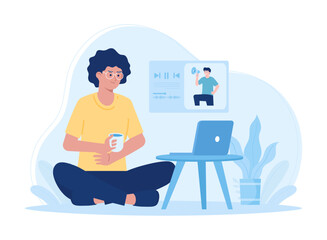 A woman relaxes by listening to music concept flat illustration