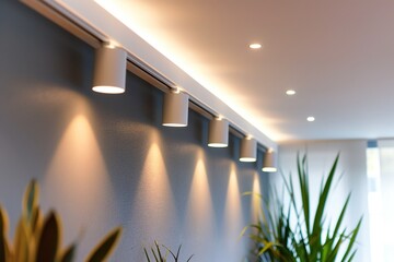 Lighting equipment on the wall in the living room. Spotlights under the ceiling. Track LED-lighting system