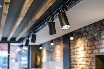 Lighting equipment on the wall in the living room. Spotlights under the ceiling. Track LED-lighting system